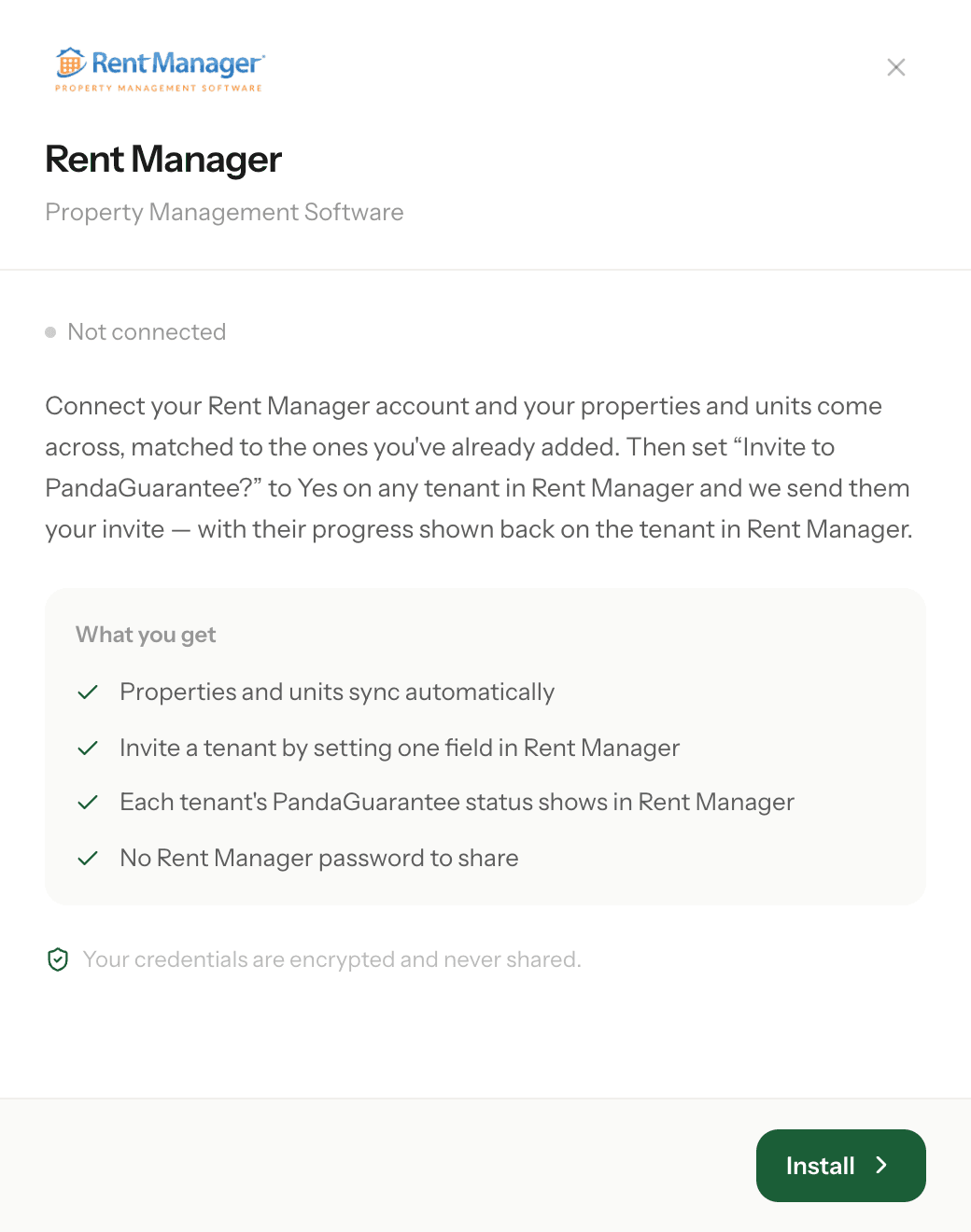 The Rent Manager details panel with the Install button