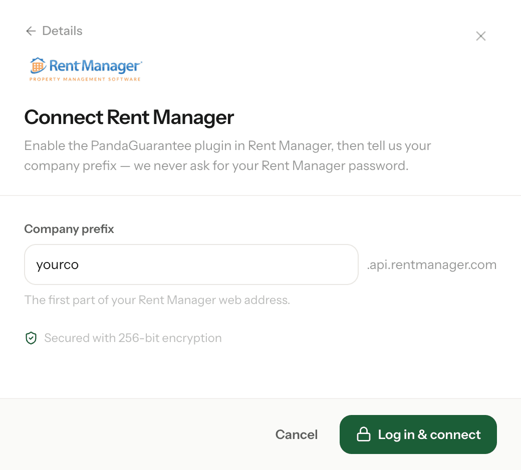 The Connect Rent Manager form with a company prefix entered
