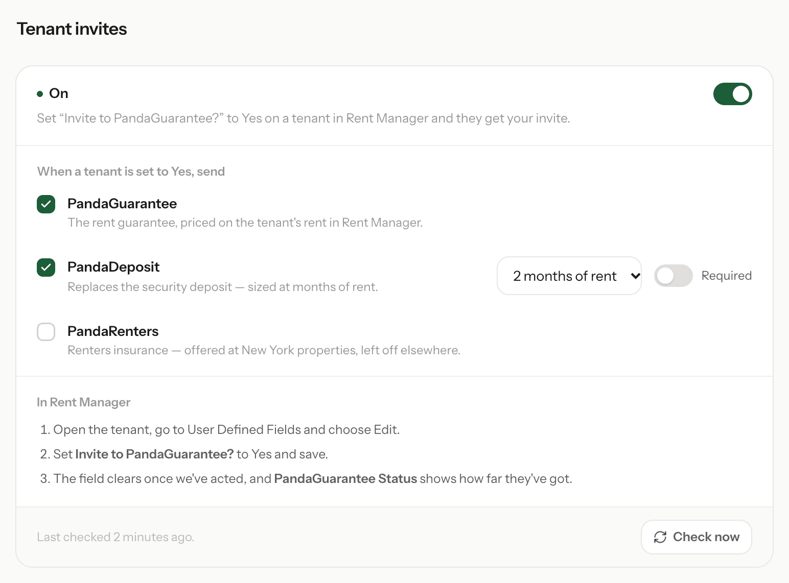The Tenant invites settings, with PandaGuarantee and PandaDeposit chosen and invites switched on
