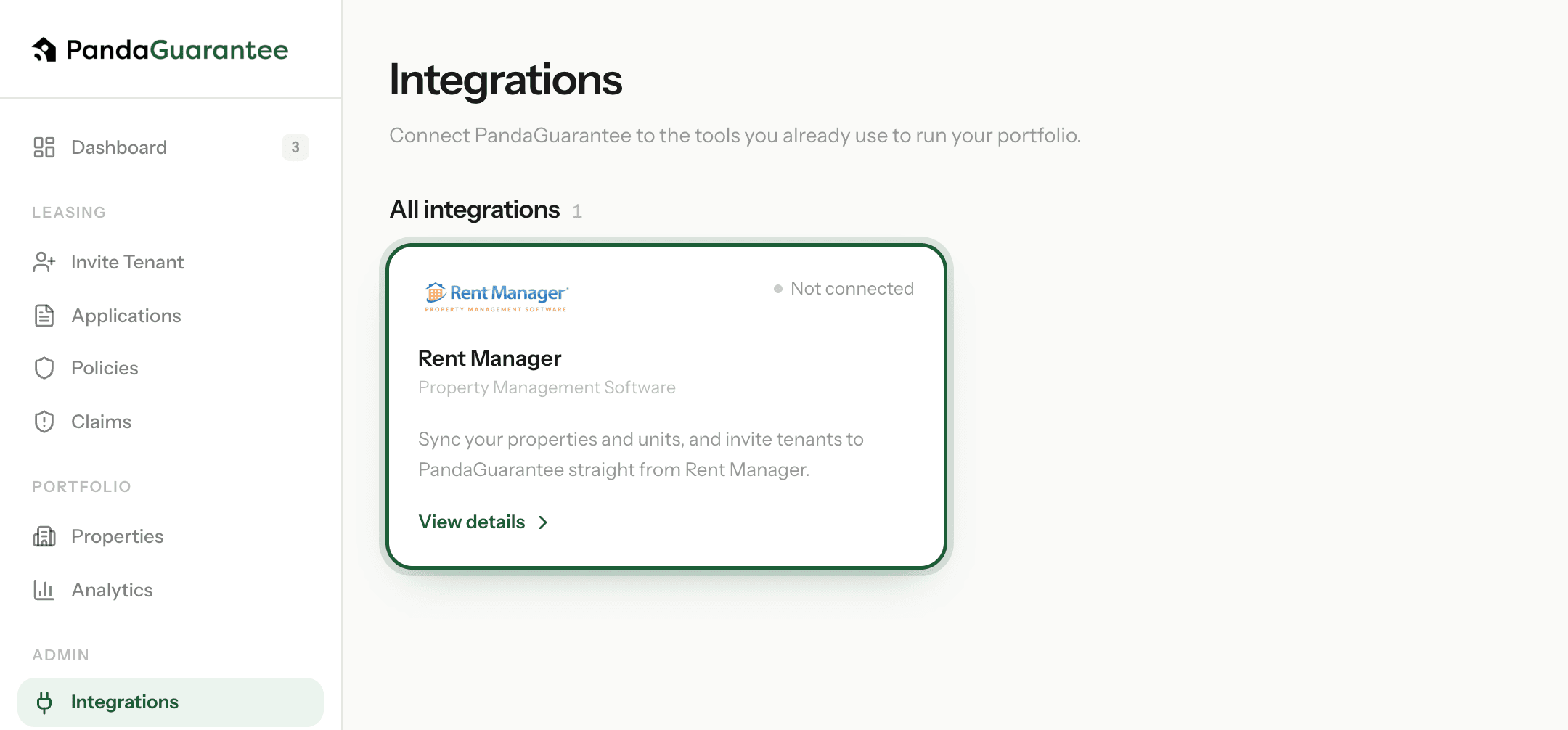 The Integrations page with the Rent Manager card highlighted