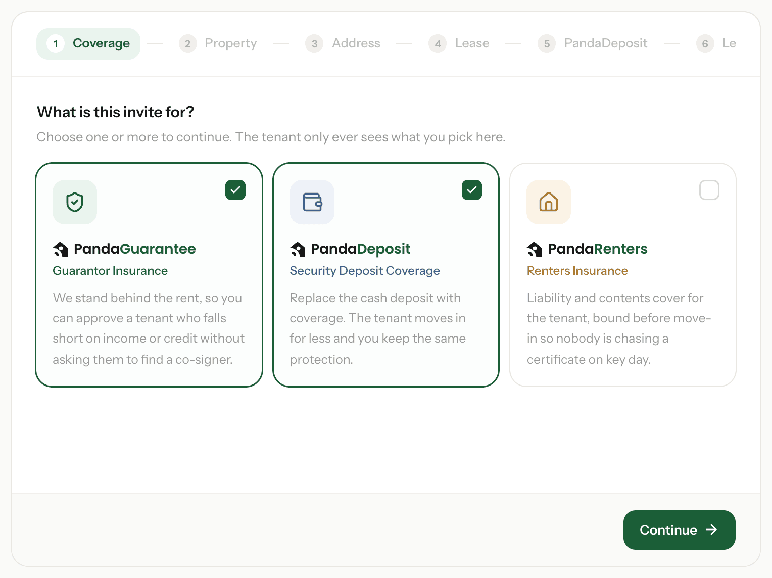 The Invite Tenant coverage step with PandaGuarantee and PandaDeposit ticked