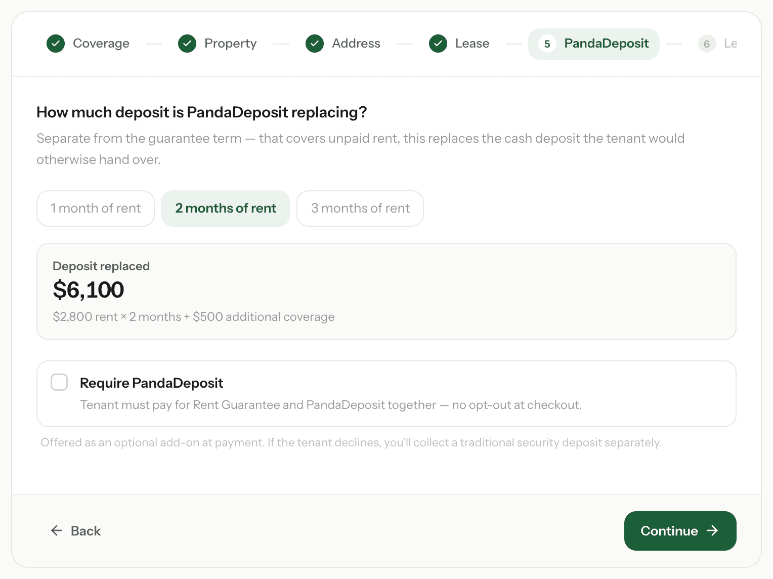 The PandaDeposit step, with 2 months of rent chosen and the Require PandaDeposit option