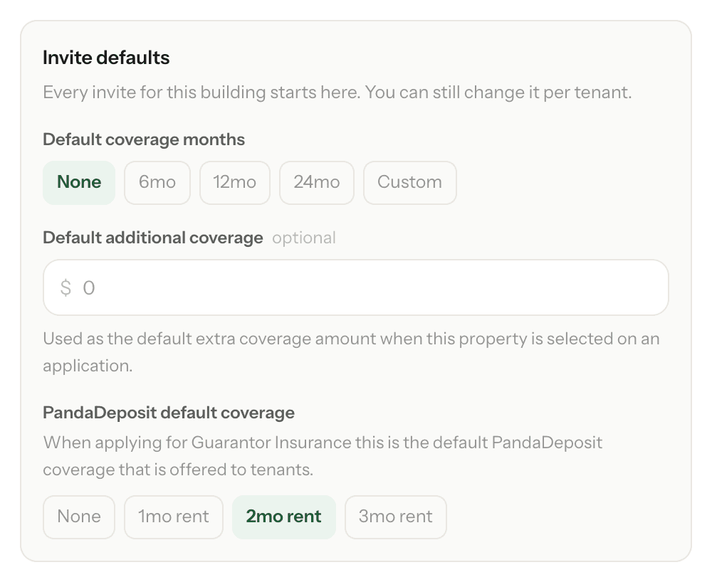 A property's Invite defaults, with PandaDeposit default coverage set to 2 months of rent