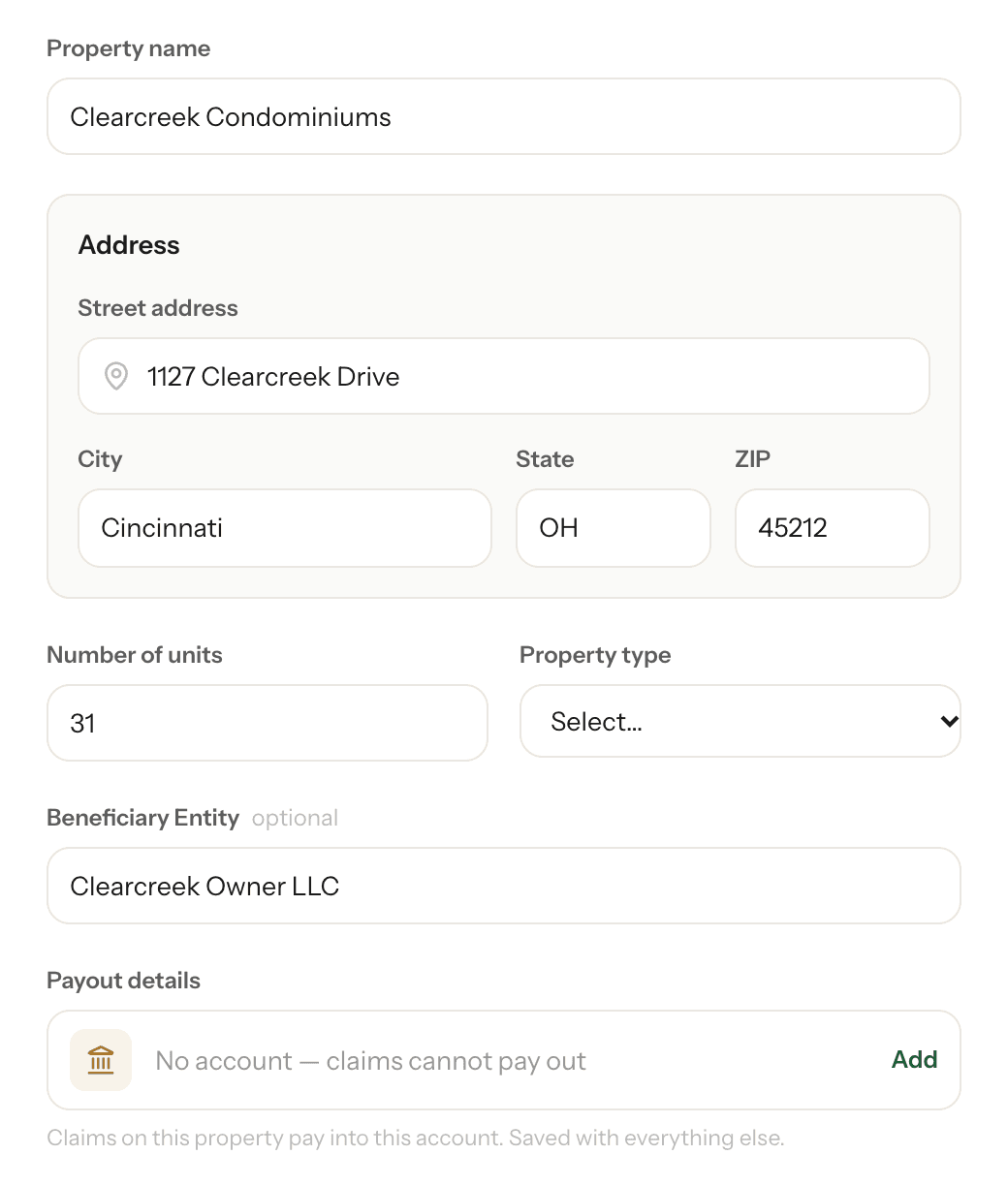 A property's details with the Beneficiary Entity filled in