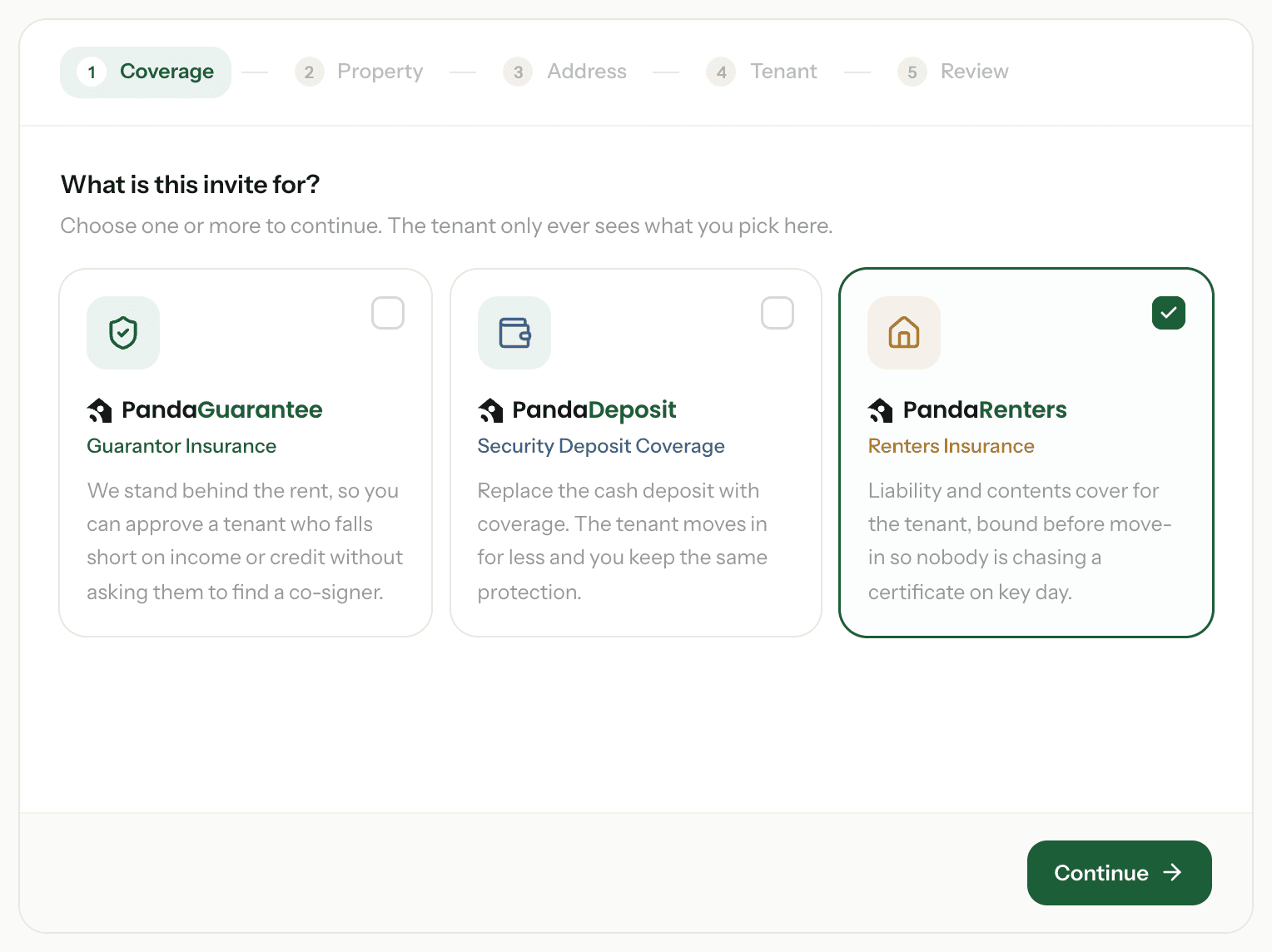 The Invite Tenant coverage step with PandaRenters ticked