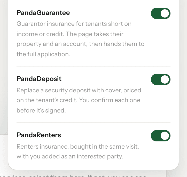 Settings, Tenant invite page, Products, with the PandaRenters switch on