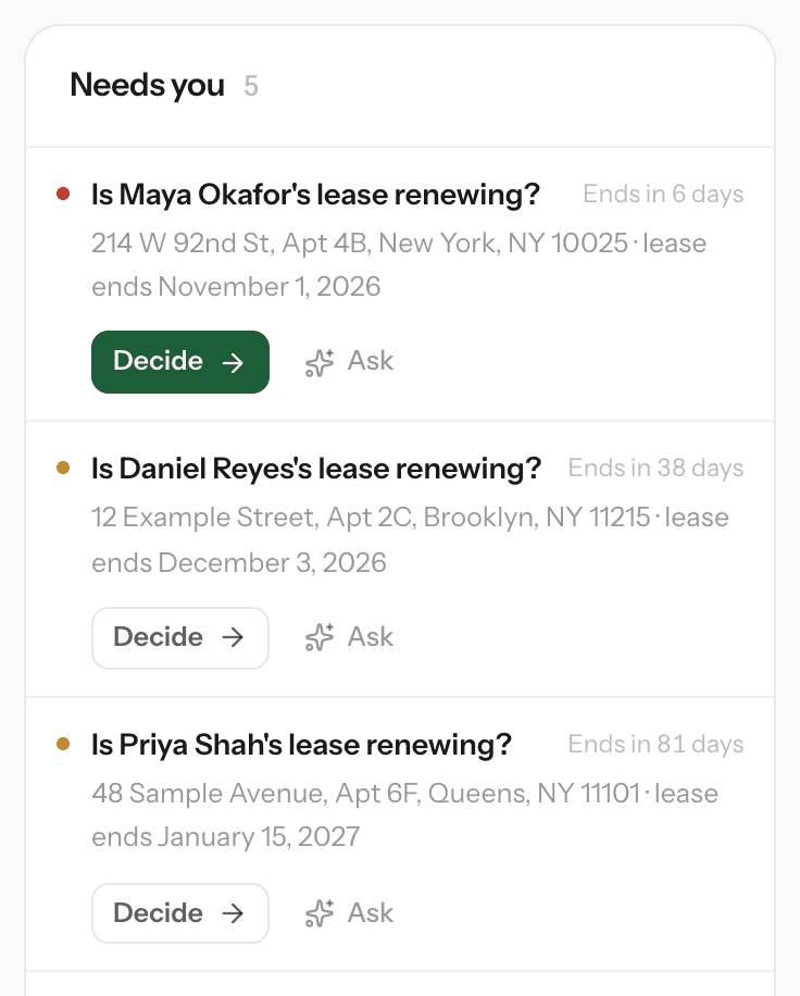 Renewal questions in the dashboard's Needs you list, each with a Decide button