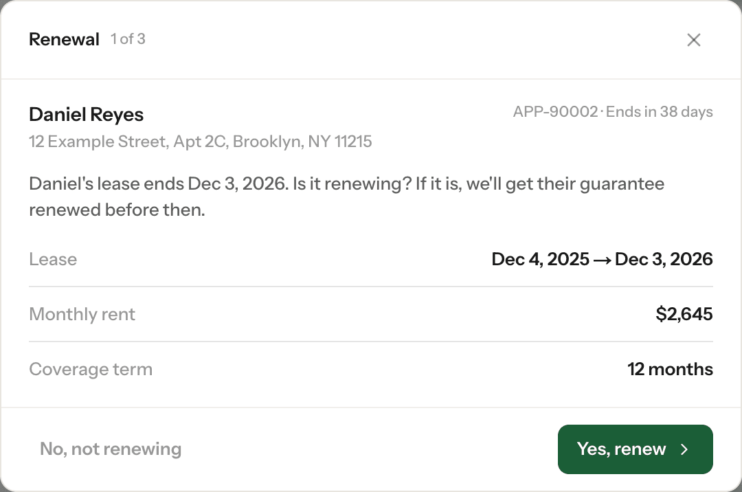 The renewal question: Is it renewing? with No, not renewing and Yes, renew